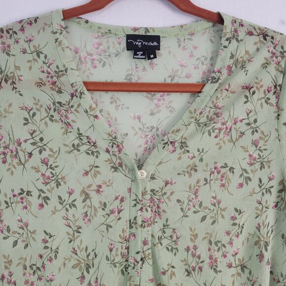 My Michelle Sheer Floral One Button Top sz M green multi forest fairy 90s style - Picture 2 of 7